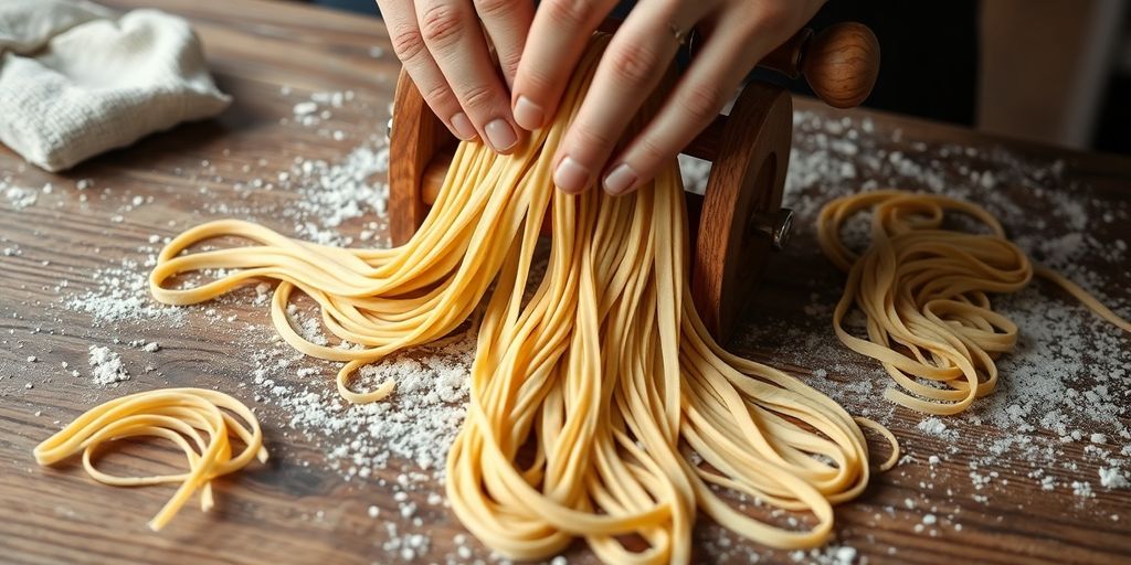 Hands turning dough through wooden pasta cutter on rustic table