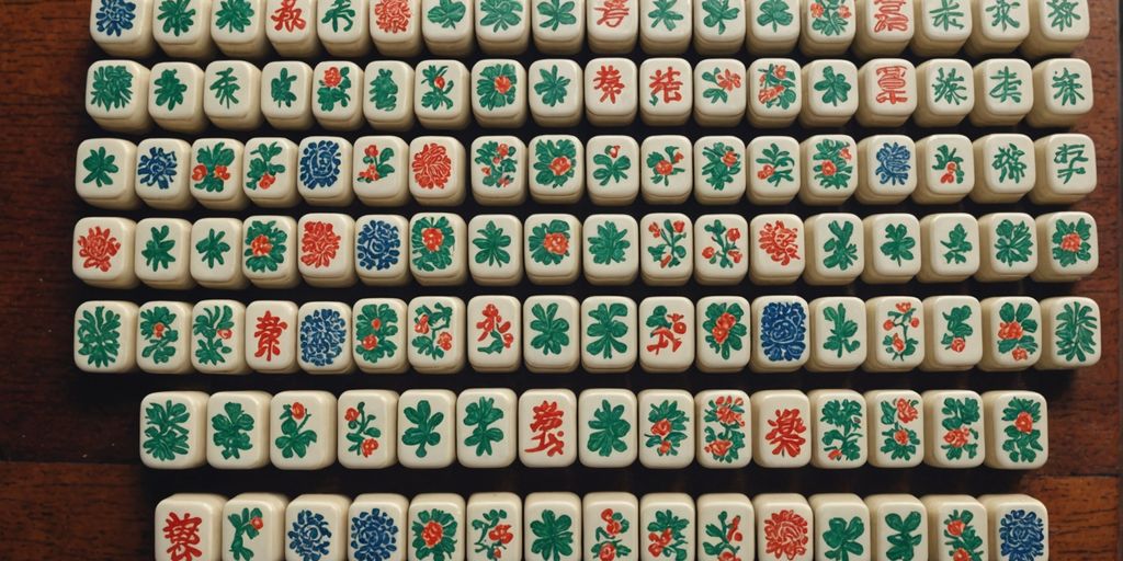 Mahjong tiles arranged on a wooden table.