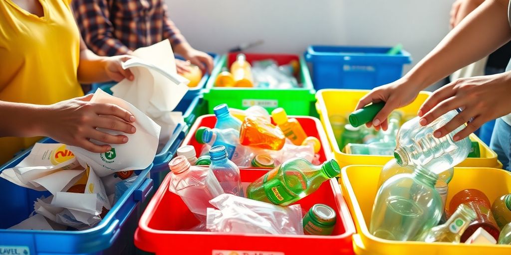 People sorting recyclables at a community center.