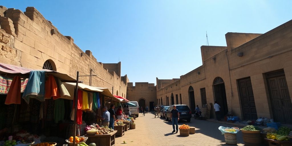 Historic Bagamoyo street, vibrant market, clear skies.