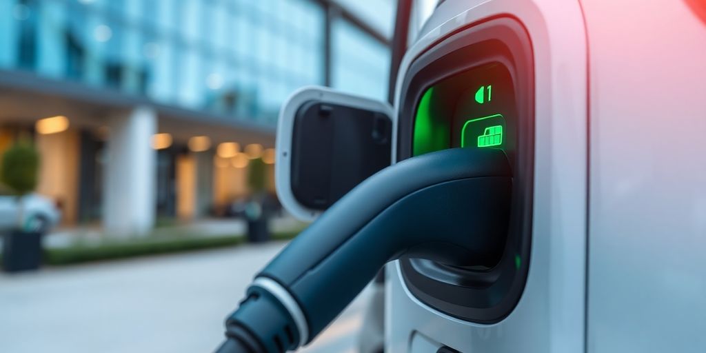 Electric vehicle charging with battery indicator illuminated.