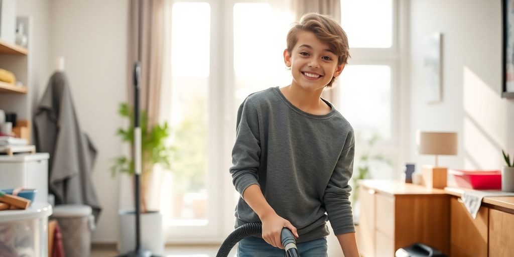 Teenager vacuuming a clean room with sunlight streaming in.
