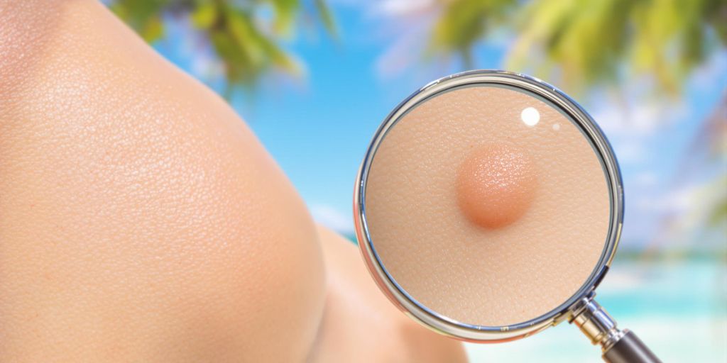 Close-up of skin with a mole under sunlight.