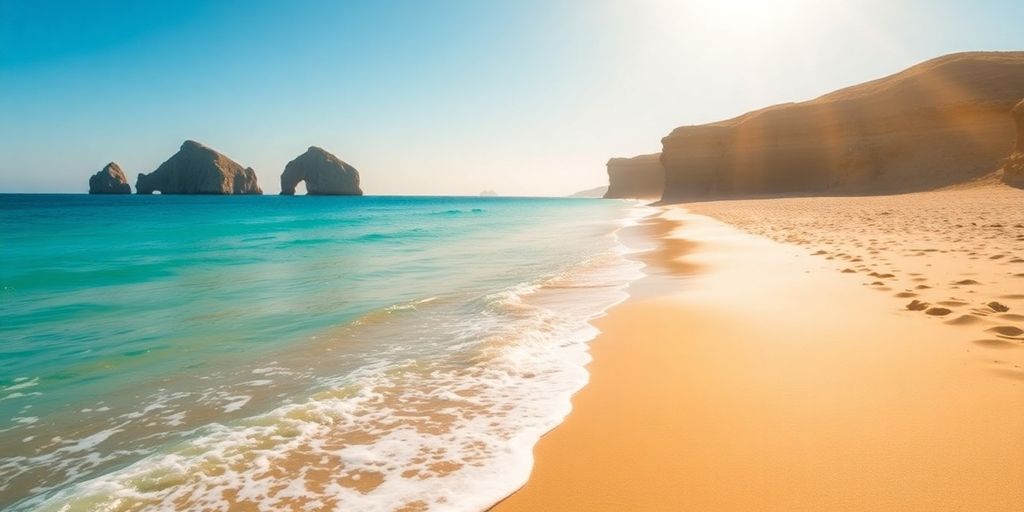 Sandy beach, blue ocean, distant rock formations.