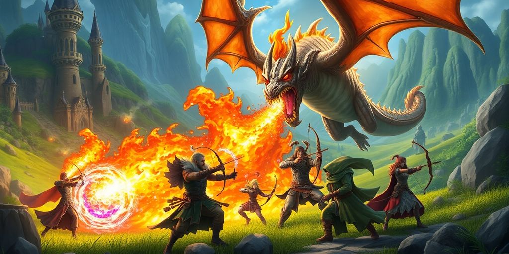 Fantasy characters battling a dragon in a vibrant world.