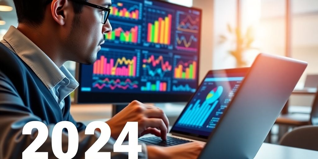 Business professional analyzing data on a laptop in an office.