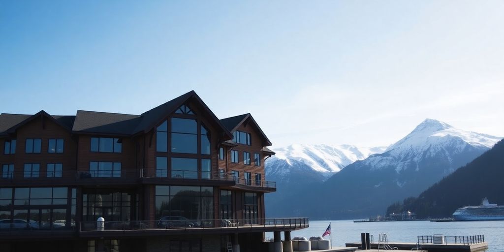 A luxurious hotel in Juneau overlooking a channel and mountains.