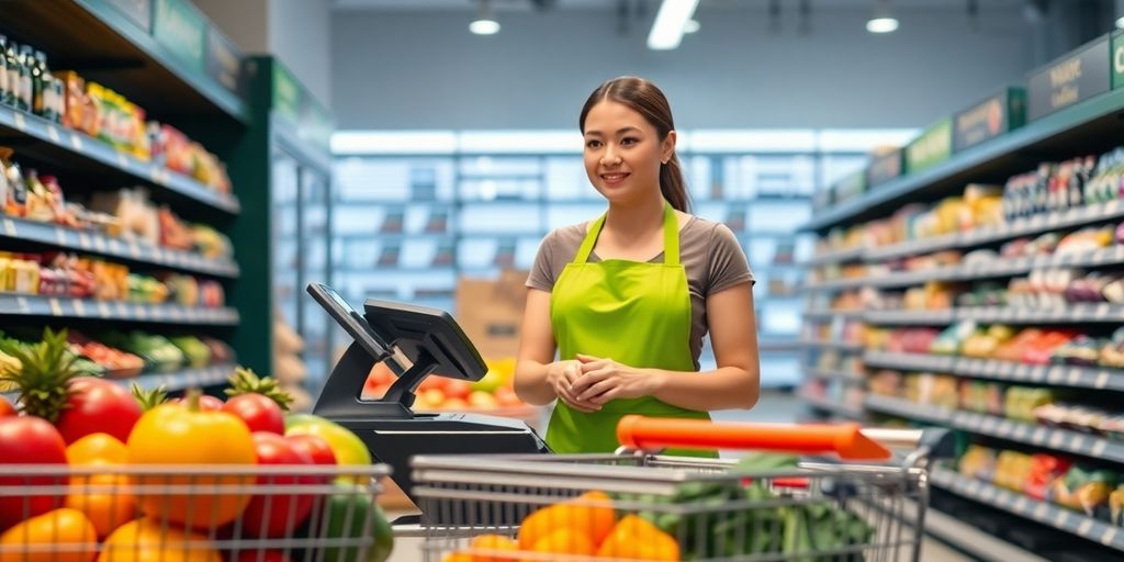 Cashier in grocery store, smiling at customer.