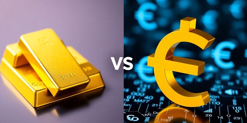 Barres d'or et symboles d'euro numérique en contraste.