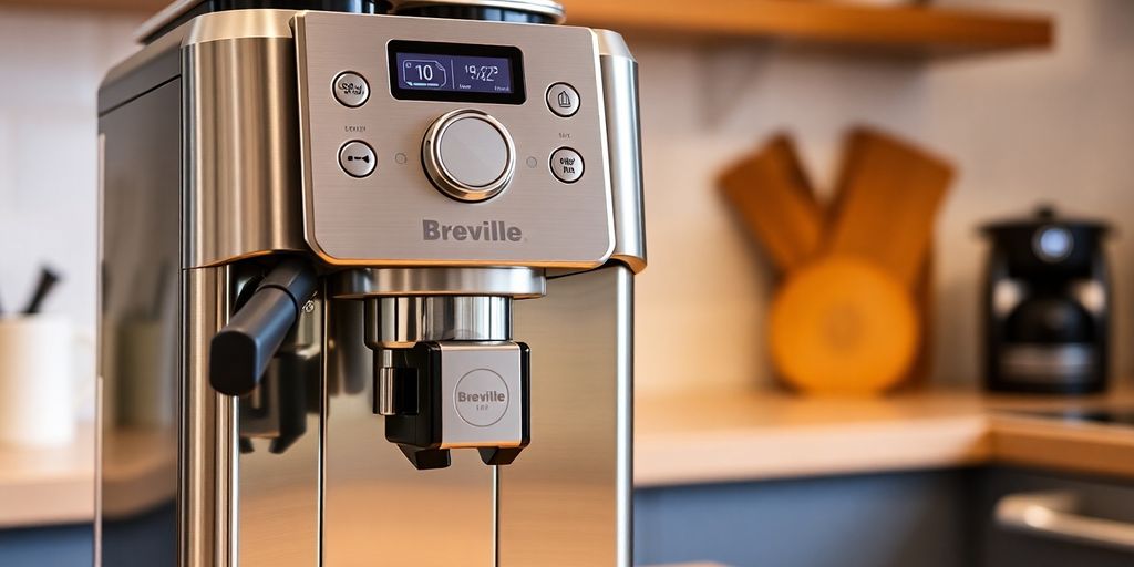 Breville BES878 espresso machine in a stylish kitchen setting.
