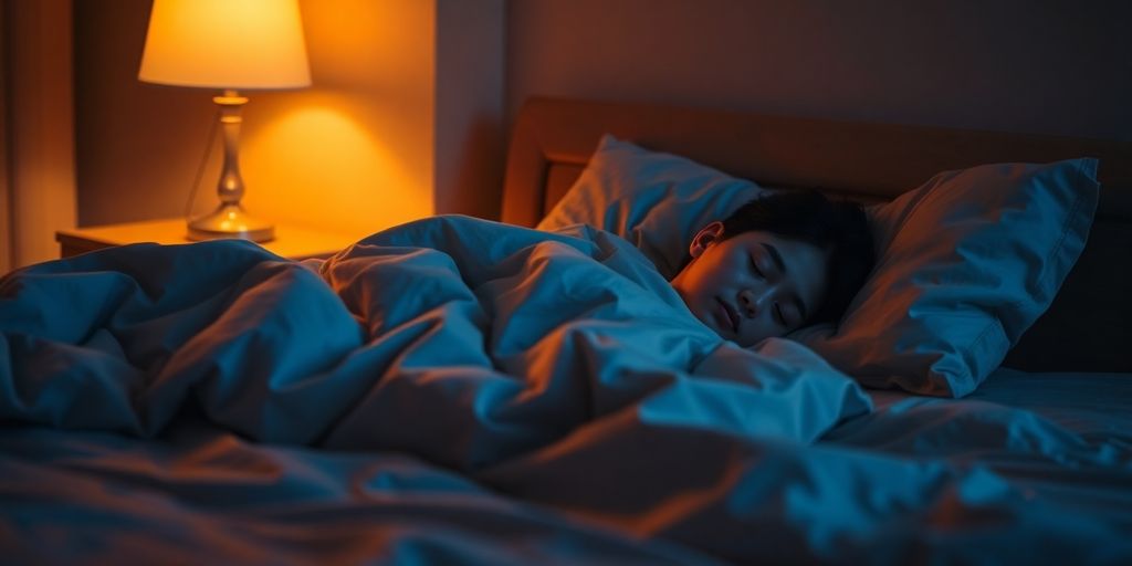 Peaceful bedroom, soft lighting, person sleeping soundly.