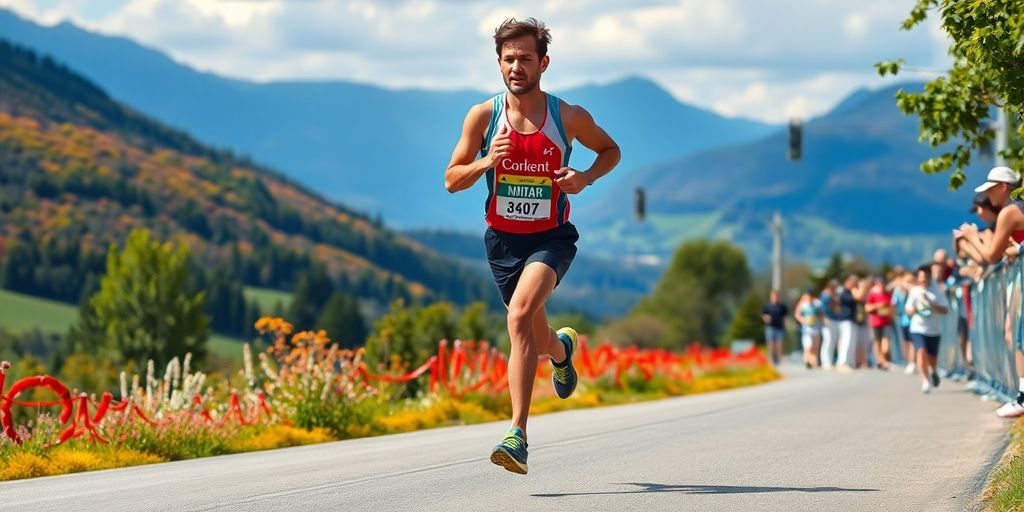 Runner on a marathon route with cheering spectators.