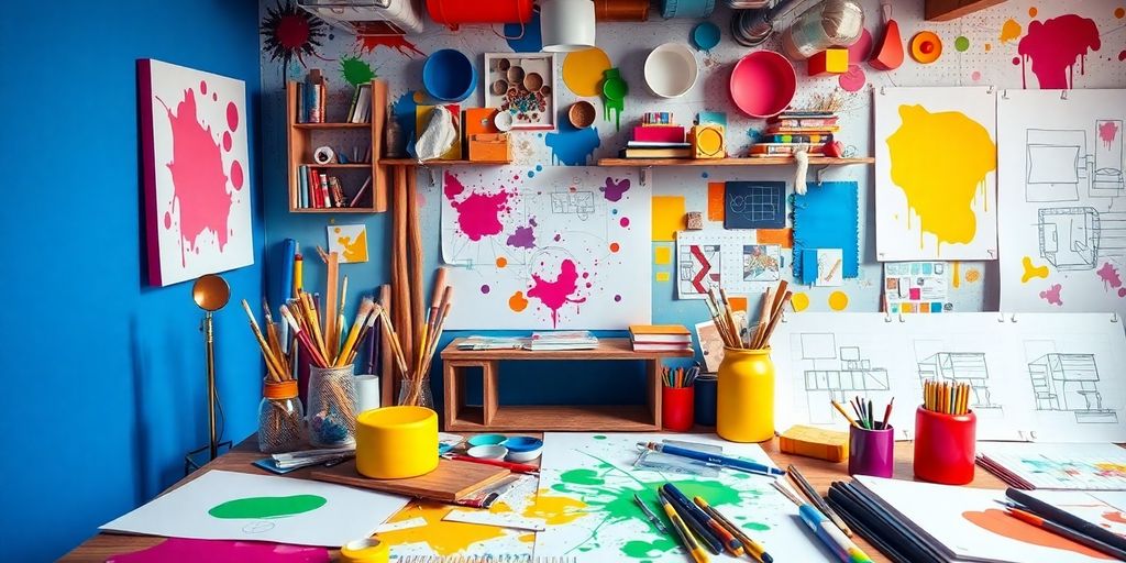 Creatieve werkplek met kleurrijke materialen en ontwerp tools.