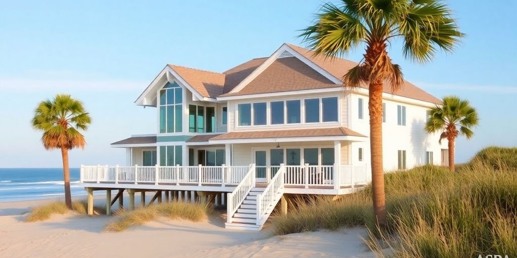 Coastal home with ocean view, sandy beach foreground.
