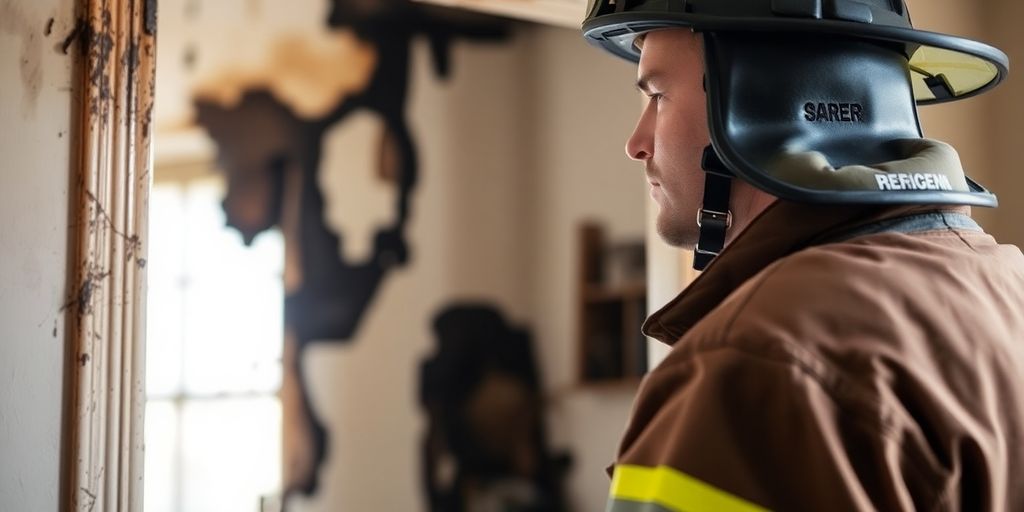 Firefighter inspecting fire-damaged home interior.