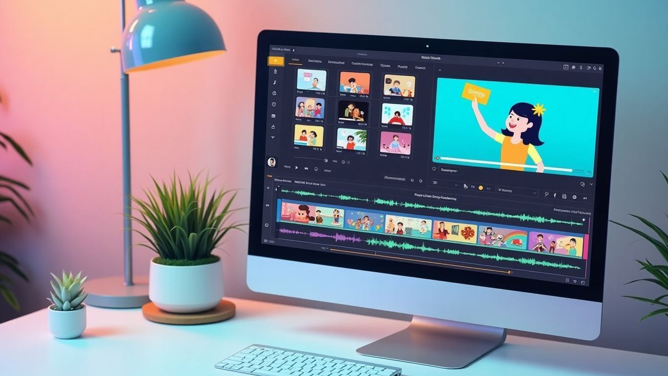 Pictory video editing interface with colorful thumbnails.