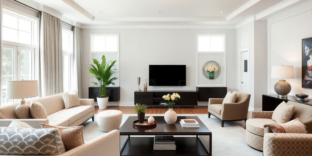 Luxury living room with elegant furniture and decor.