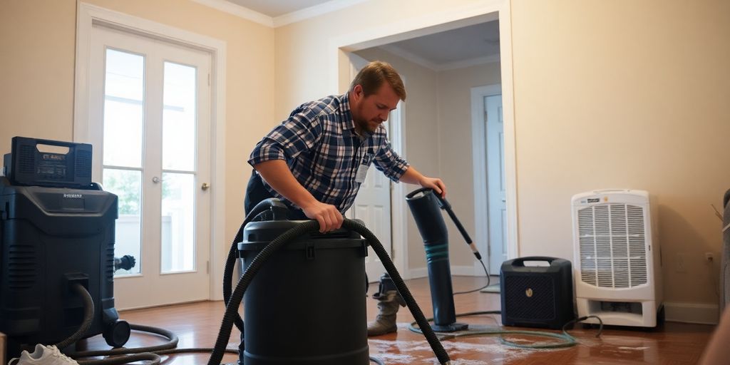 Technician cleaning water damage in home environment.
