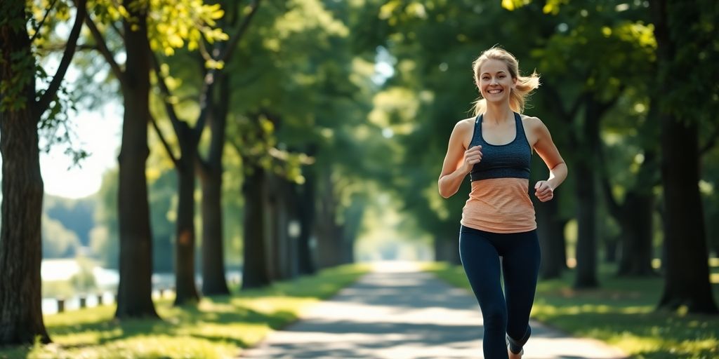 Woman happily jogging outdoors on a sunny day.