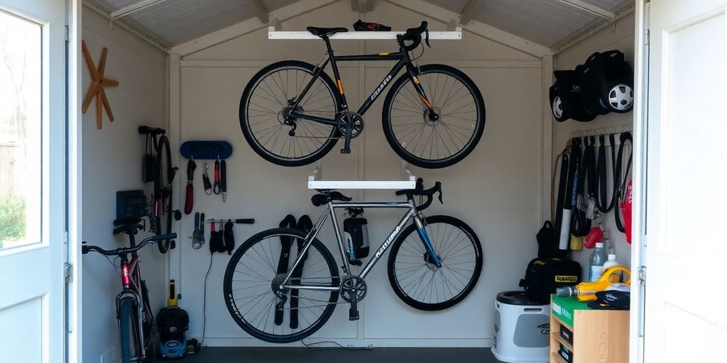 Organized shed with bike mount and displayed bicycles.