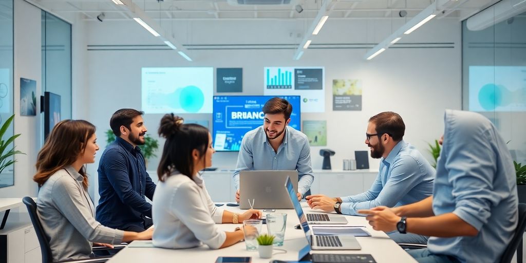 Profissionais de marketing digital em ambiente moderno.