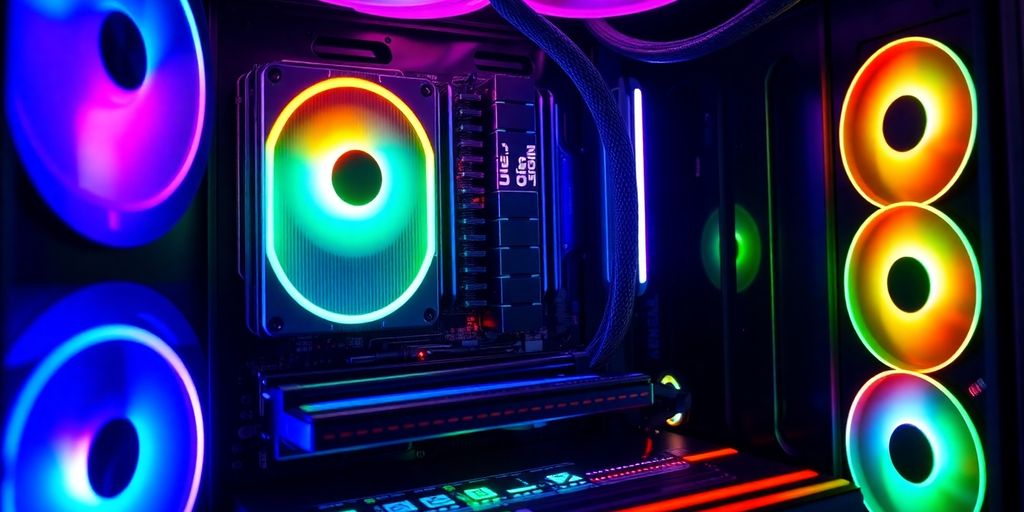 Nahaufnahme eines Gaming-PC-Baus mit RGB-Beleuchtung.
