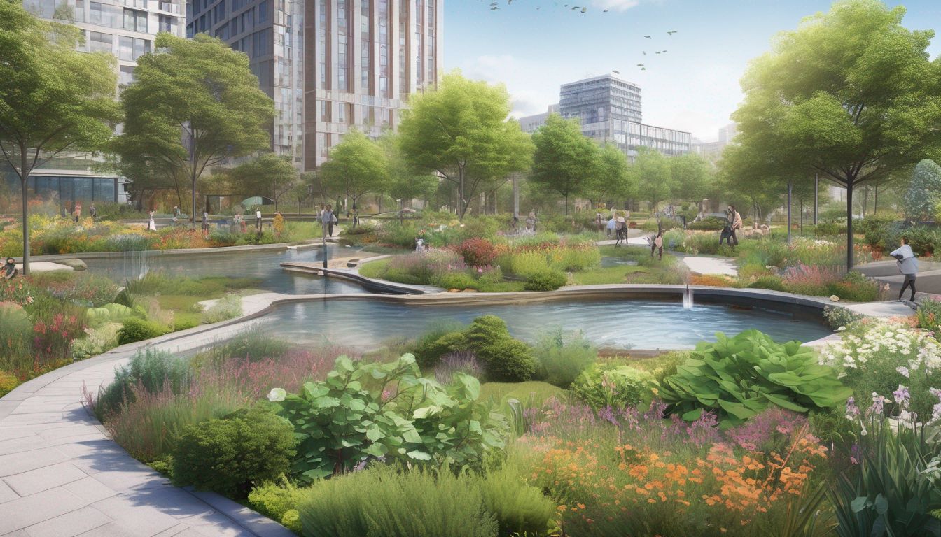 public garden in urban area with climate resilience features
