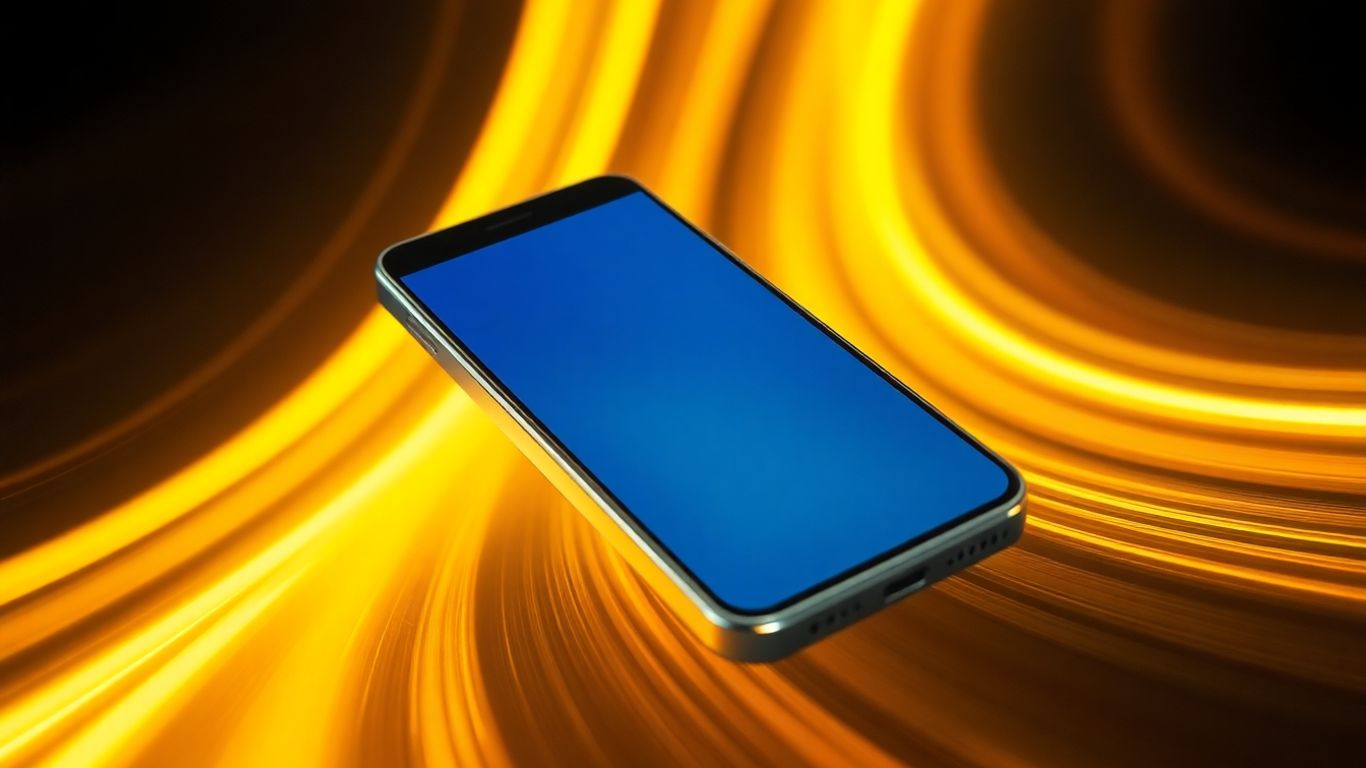 Smartphone futuriste avec écran lumineux et traînées lumineuses.