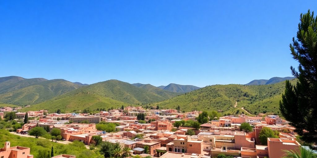 Lush hills and traditional buildings in Beni Mellal.