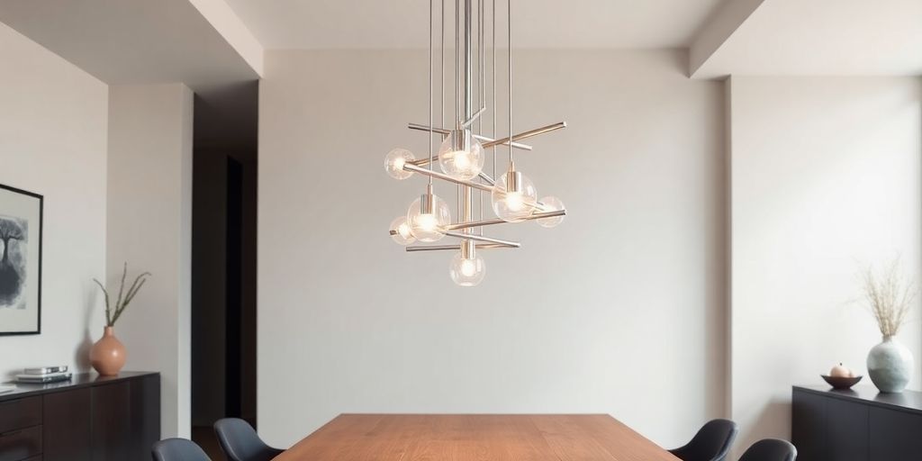 Sleek chandelier above a contemporary dining table.