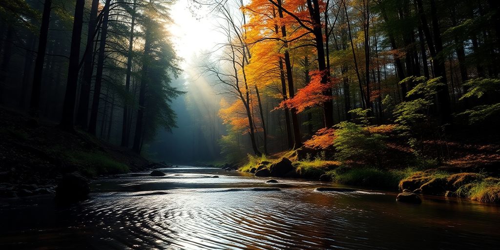 Tranquil forest with soft light and gentle stream.