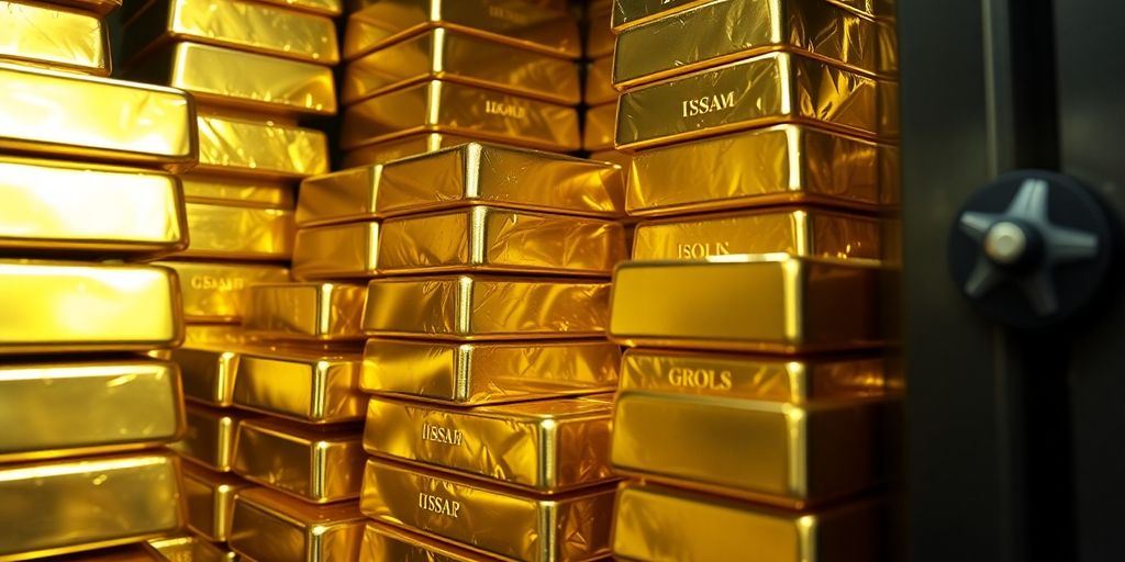 Lingots d'or brillants empilés dans une chambre forte.