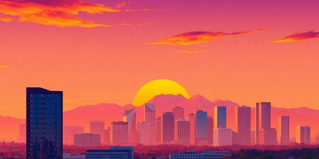 Snow-capped mountains, city skyline, sun.
