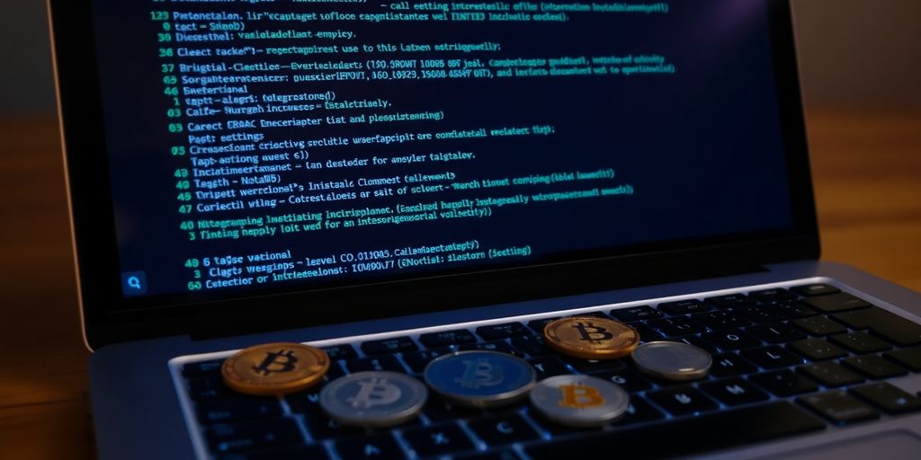 Laptop with code, crypto coins, and glow.