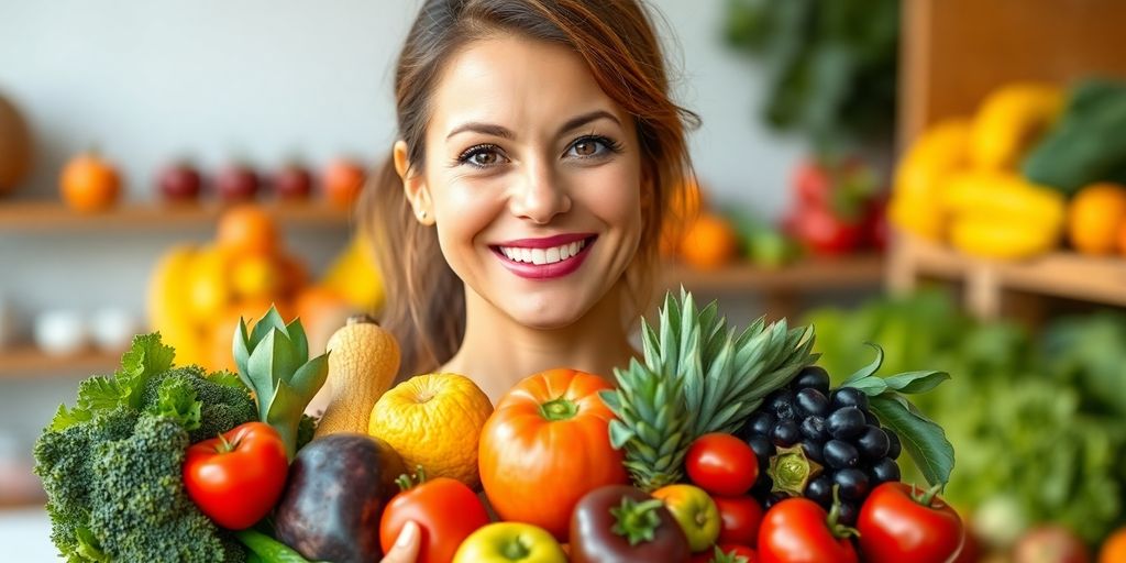 Woman smiling, holding healthy food.