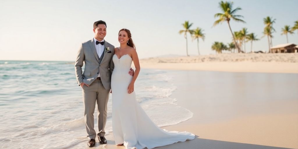 Couple on beach in Cabo, clear ocean.