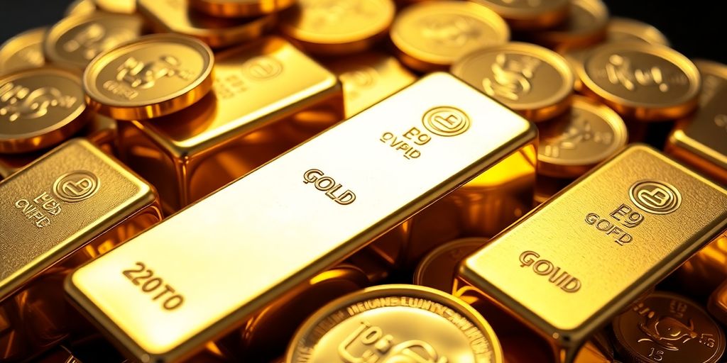 Pile de lingots d'or et pièces d'or brillantes.
