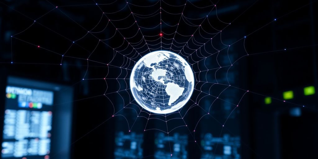 Spider web spanning across digital network globe.