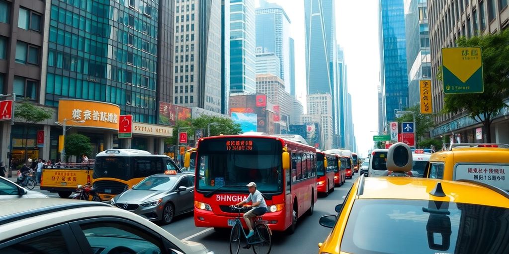 Busy Shanghai street with diverse transportation options.