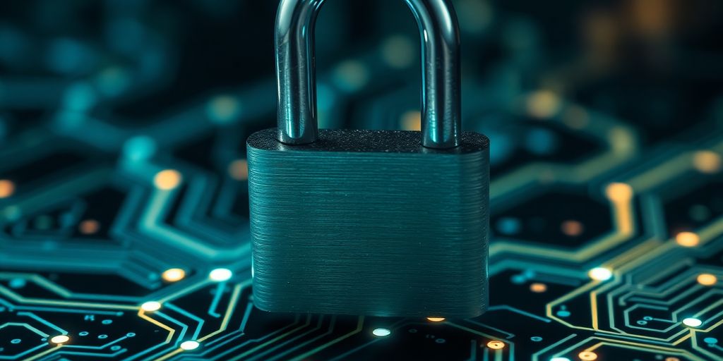 Close-up of a padlock on a circuit board.
