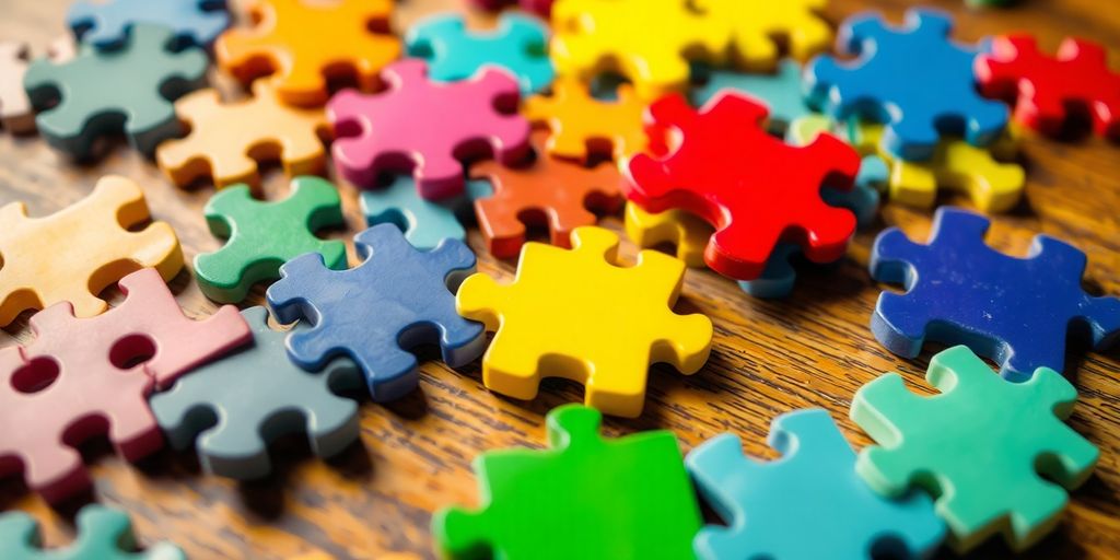 Colorful puzzle pieces on a wooden table, engaging and vibrant.