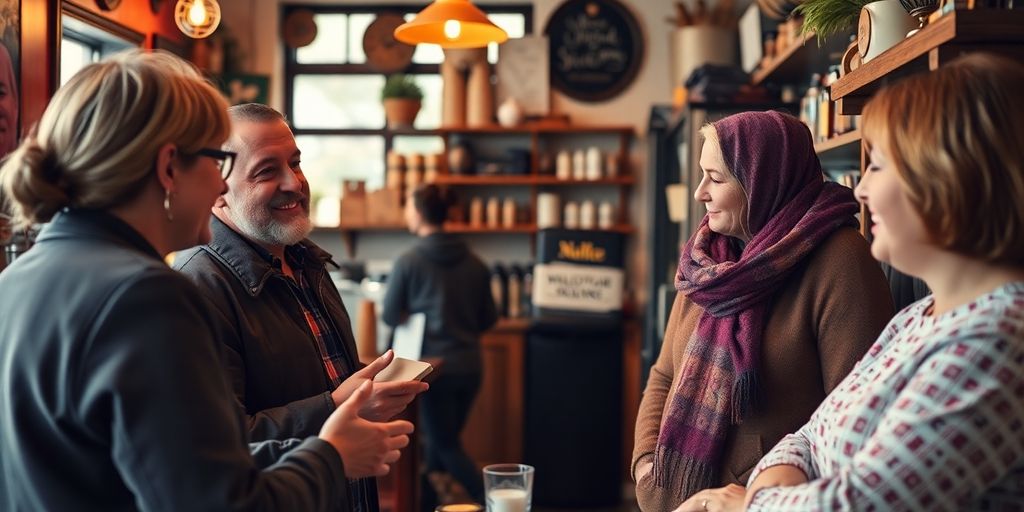 Small business owner interacting with local customers in-store.