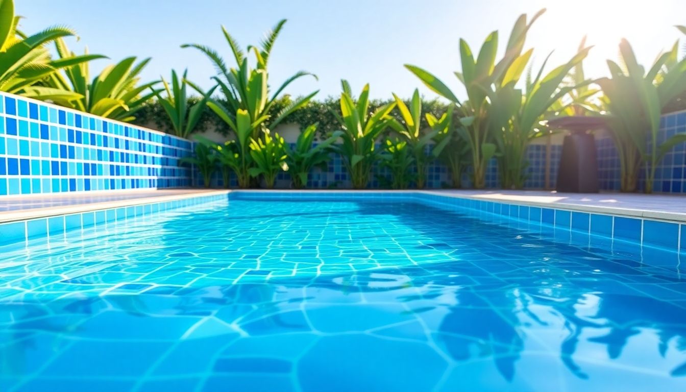 Vibrant blue tiled swimming pool with lush surroundings.
