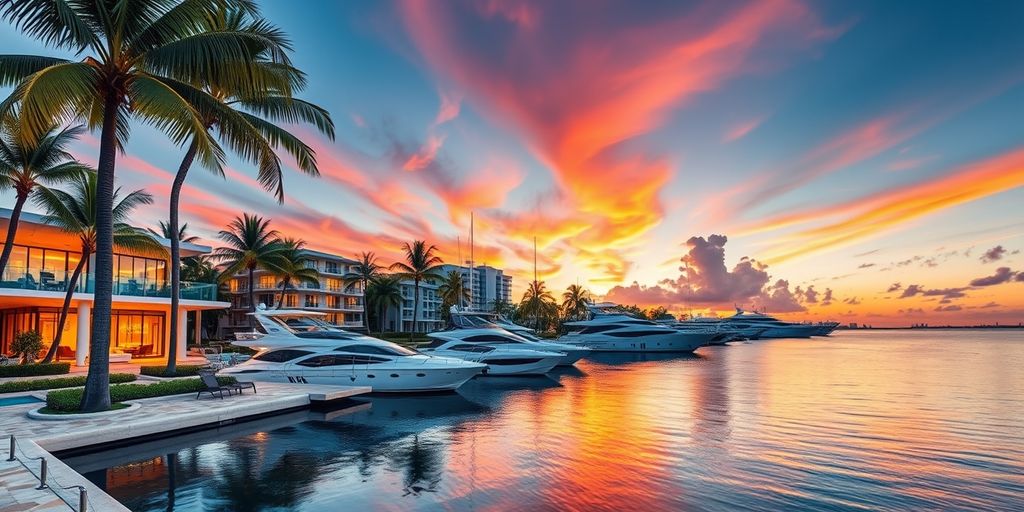 Luxurious waterfront property in Miami Beach at sunset.