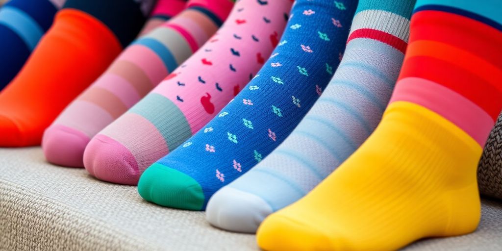 Colorful plus size diabetic socks on a textured surface.