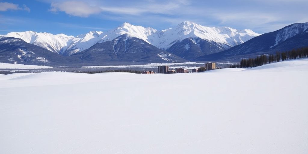 Snowy mountain landscape of Jackson Hole with skiers.