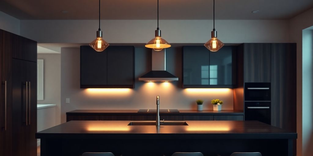 Kitchen island pendant lights illuminating a modern kitchen.