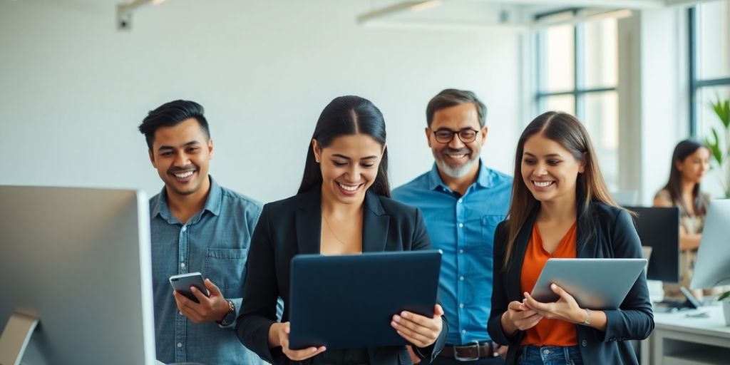 Emprendedores latinos trabajando en oficinas canadienses.