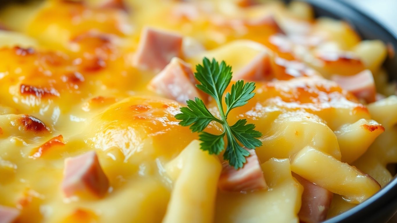 Creamy scalloped potatoes with ham, garnished with parsley.