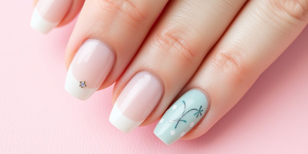 Unhas bem cuidadas com esmalte em gel e desenhos pequenos.